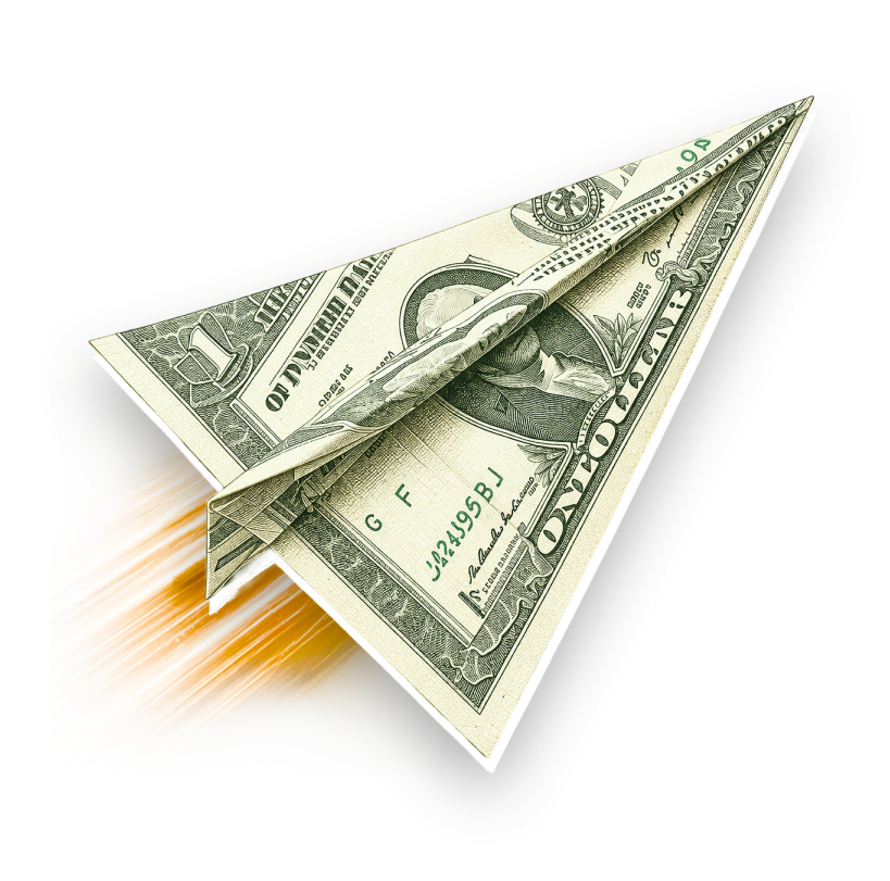Paper airplane folded from a dollar bill, moving at speed