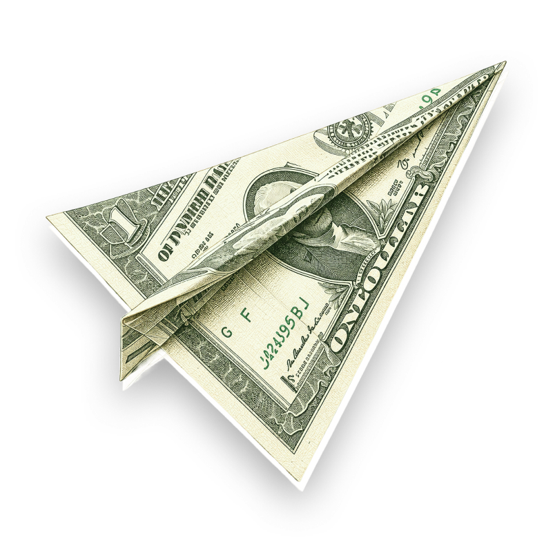 Paper airplane folded from a dollar bill