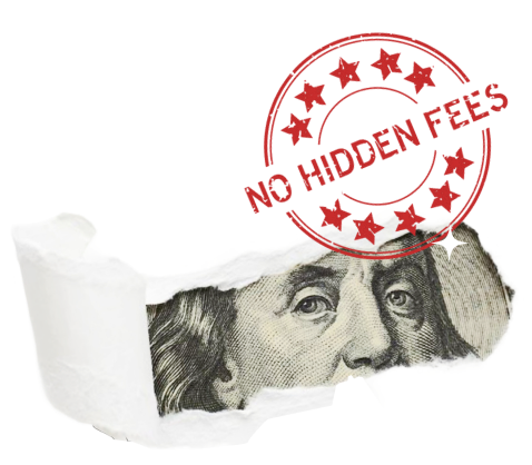 Transparent pricing with no hidden fees stamp and globe
